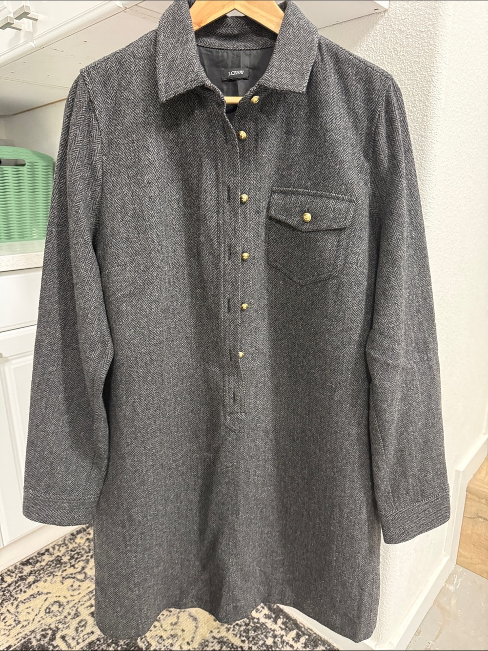J. Crew Gray Herringbone Button-Front Wool Shirt Dress